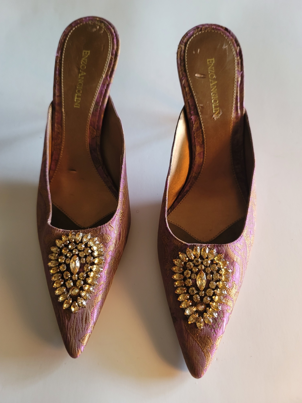Enzo Angiolini Pink Mules with Gold Jeweled Brooch